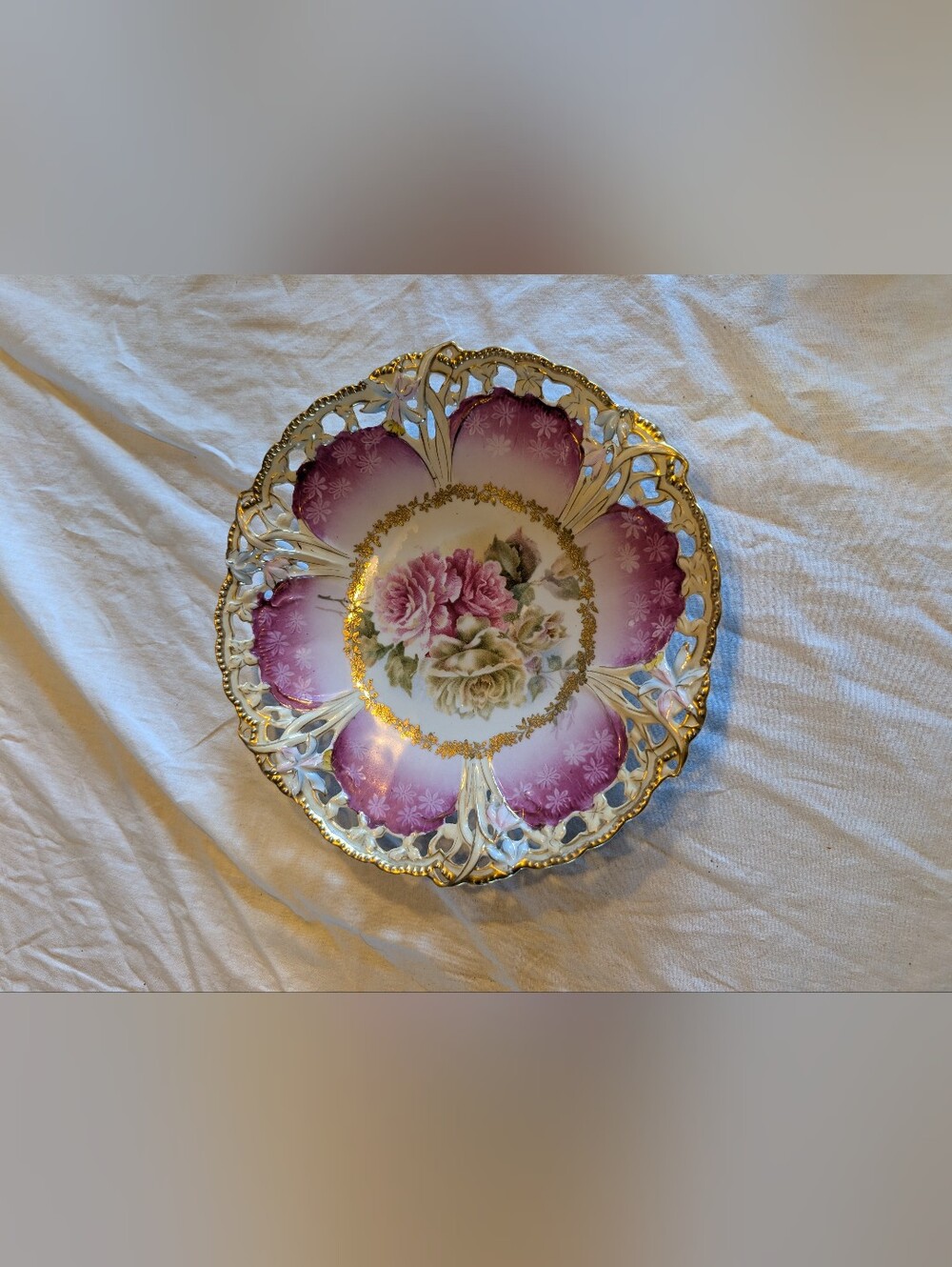 RESERVE Vintage Pink and Gold Pierced Floral Display Plate